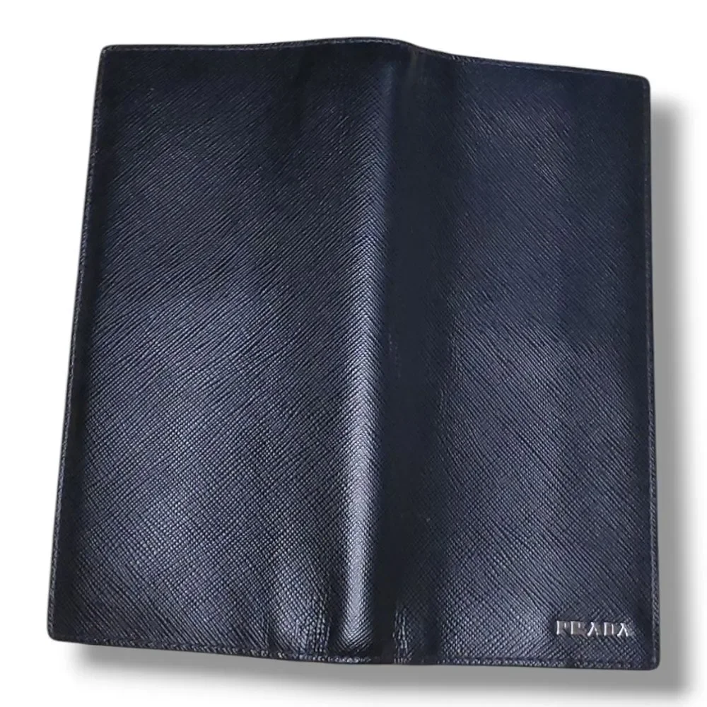 Prada Bicolor Black & Blue Saffiano Leather Long Wallet Sleek Minimalist Design